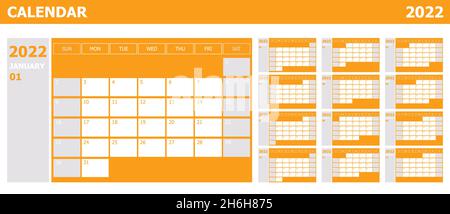Calendar 2022 week start Sunday design planner with orange and grey, stock vector Stock Vector