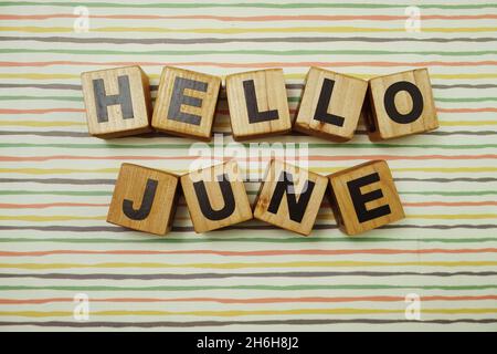 Hello June alphabet letters on colorful stripes background Stock Photo ...