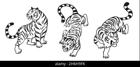 Graphic tigers set. Black and white Collection of predatory wild cats. Vector illustration isolated on white background Stock Vector