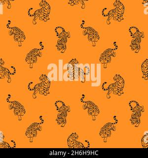 Seamless pattern with graphic tigers. Black and orange predatory wild cats. Vector Print for fabric, clothing, wrapping paper, wallpaper, textile Stock Vector