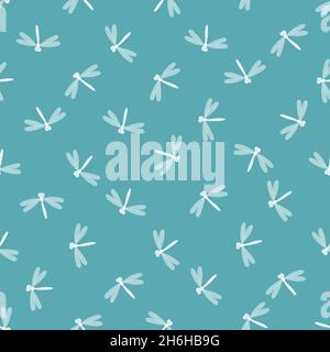 Seamless pattern with dragonfly on color background. Romantic vector illustration. Adorable cartoon character. Template design for invitation, cards Stock Vector