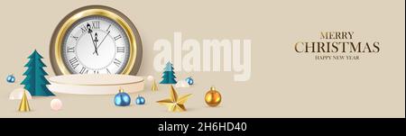 New Year s scene for product presentation in beige colors. Round frame, cylindrical podium and Christmas tree decorations. Large clock and Christmas t Stock Vector