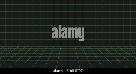 3d wireframe grid room. 3d perspective laser grid. Cyberspace black background with green mesh. Futuristic digital hallway space in virtual reality Stock Vector