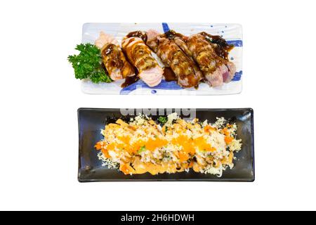Grill wagyu and shrimp sushi on black plate. Stock Photo
