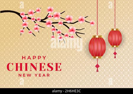 happy chinese new year background with sakura flower and lanterns. chinese new year vector design Stock Vector