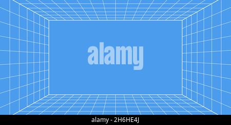 3d wireframe grid room. 3d perspective laser grid 16 9. Cyberspace blue background with white mesh. Futuristic digital hallway space in virtual Stock Vector