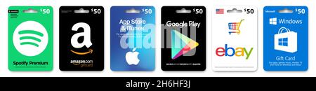 Set of gift card Spotify, Amazon, Apple Store, Google Play, Ebay, Windows, Realistic effect isolated on white background. in vector format Stock Vector
