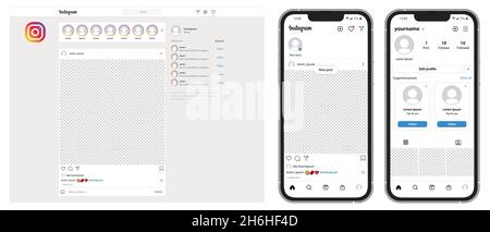 Instagram social network, Web page and phone page template in vector format Stock Vector
