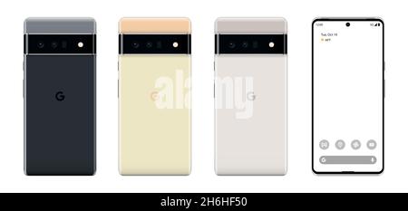 Realistic Google Pixel 6 Pro. Smartphone colors Cloudy White, Sorta Sunny and Stormy Black in vector format Stock Vector