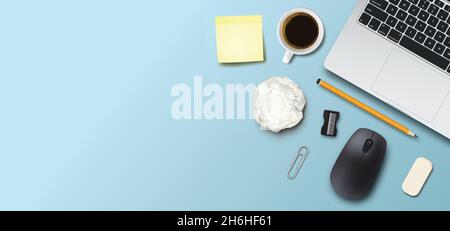 Workspace work desk mockup, realistic  design, on light blue background, in vector format Stock Vector