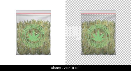 Realistic Marijuana cannabis buds in plastic bag, packaging mockup, in vector format Stock Vector