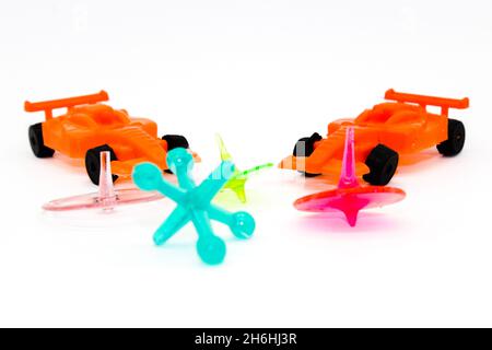 A picture of toys isolated on white background with selective focus Stock Photo