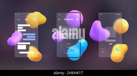 Glassmorphism 3d phone mockup with blurred abstract background. Smartphone transparent glass screen with chat, call and payment vector set Stock Vector