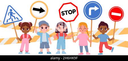 Group of kids holding stop road signs, caution for drivers. Boy and girl with traffic symbols. Children street safety cartoon vector concept Stock Vector