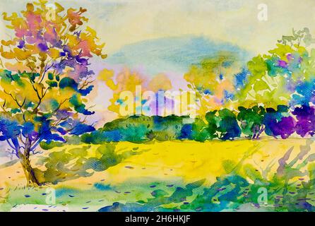 Painting art watercolor landscape original  colorful of garden and emotion in mountain background Stock Photo