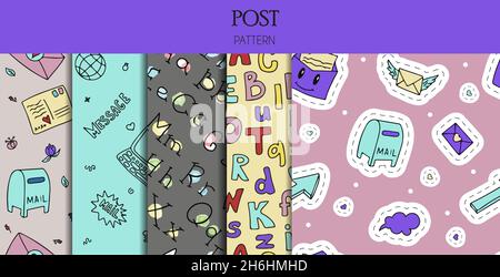 A set of vector mail doodles Seamless Patterns. Icons with paper envelopes, letters, email. A children s notebook in a cage with drawings of postal Stock Vector