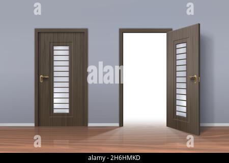 Realistic opened and closed doors in office or home hallway interior. Light inside doorway. Wooden room entrance. Opportunity vector concept Stock Vector