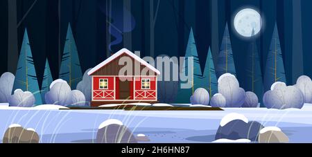 Red house in winter forest at night Stock Vector