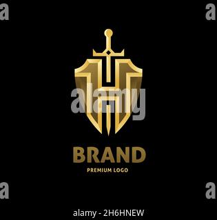 creative initial letter H with swords and shield logo vector Stock Vector