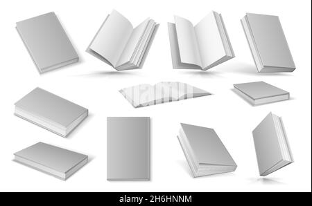 Blank 3d book with paper sheets, booklets or magazines with hardcover. Realistic flying open empty textbook. White catalog mockup vector set Stock Vector