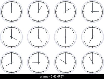 Analog circle clock show time every hour icon. Flat watch face with 12 oclock, timer animation. Wall clocks one to twelve hours vector set Stock Vector