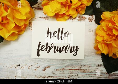 Hello February Card with Blooming flower on wooden background Stock Photo