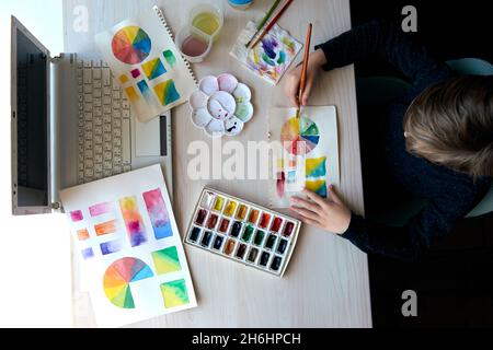 Boy painting pictures with watercolor paints during art lesson. Pupil on drawing with brush. Watercolor color wheel and palette. Color theory beginner Stock Photo