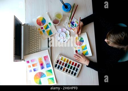 Boy painting pictures with watercolor paints during art lesson. Pupil on drawing with brush. Watercolor color wheel and palette. Color theory beginner Stock Photo