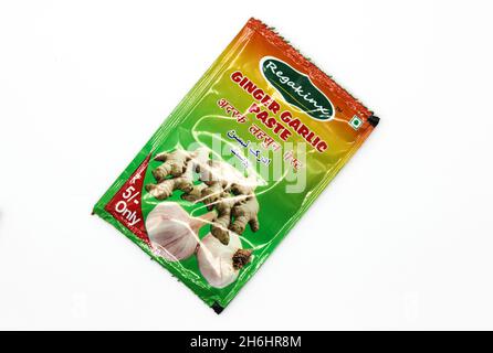 Noida , Utter pardesh , India - october 20 2021 , ginger garlic paste , A picture of ginger garlic paste on white background with selective focus in n Stock Photo