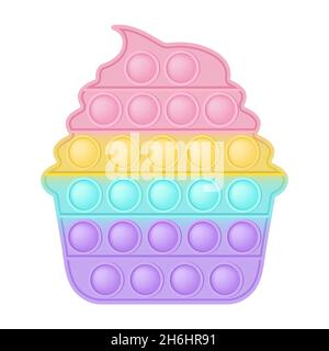 Popit figure cupcake as a fashionable silicon fidget toys. Addictive anti stress toy in pastel rainbow colors. Bubble anxiety developing pop it toys f Stock Vector