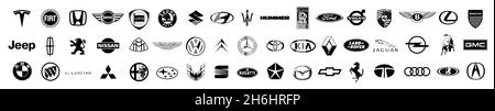 Kiev, UKRAINE - November 12, 2021: Logos collection of different brands of cars, isolated on white Stock Photo