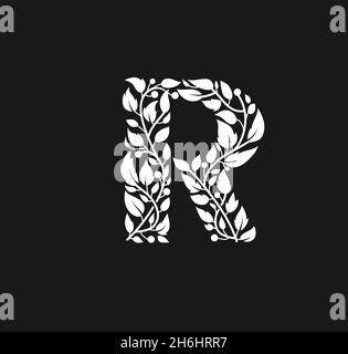 letter r with swirls and floral vector, r letter logo formed by leaves Stock Vector