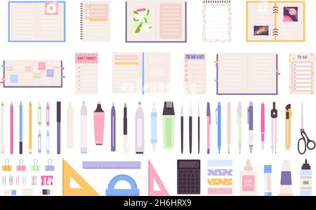 Office or school stationery items, pens, notebooks and planners. Pencil, markers, crayons and ruler. Decorative work desk objects vector set Stock Vector