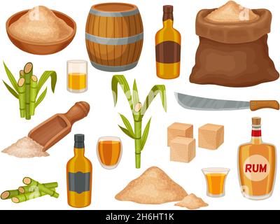 Cartoon brown sugar, rum bottles and sugarcane plant. Natural cane sugar industry. Granulated sweet product heap, spoon and sack vector set Stock Vector