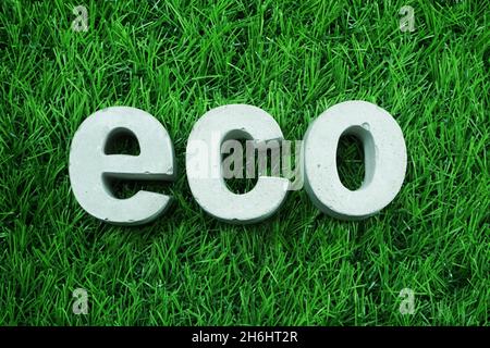 Eco made from concrete alphabet top view on green grass Stock Photo
