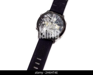 Broken display of a clock on white background Stock Photo