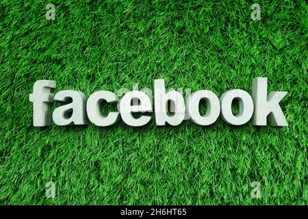 Facebook made from concrete alphabet top view on green grass Stock Photo