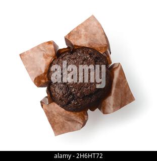 Top view of chocolate muffin in paper wrap isolated on white Stock Photo