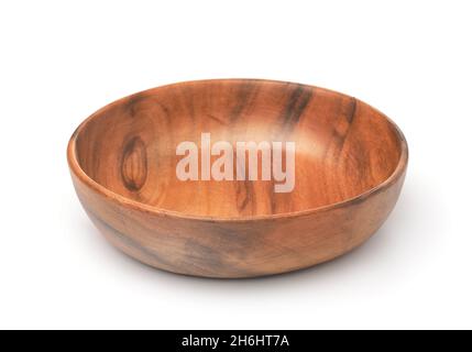 Empty acacia wood serving bowl isolated on white Stock Photo