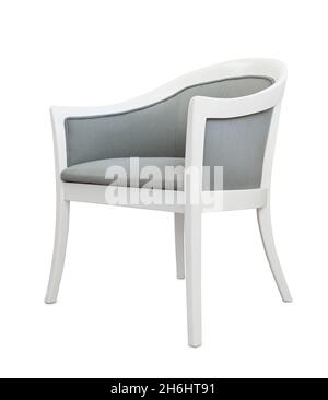 Armchair made of painted wood and gray fabric isolated on white Stock Photo