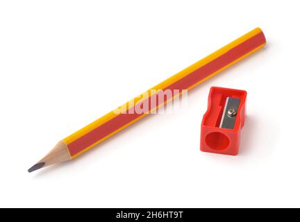 Graphite pencil and pencil sharpener isolated on white Stock Photo