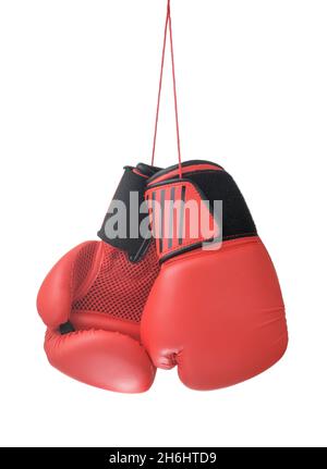 Hanging red leather boxing gloves isolated on white Stock Photo