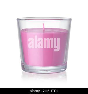 Front view of pink scented candle in glass holder isolated on white Stock Photo