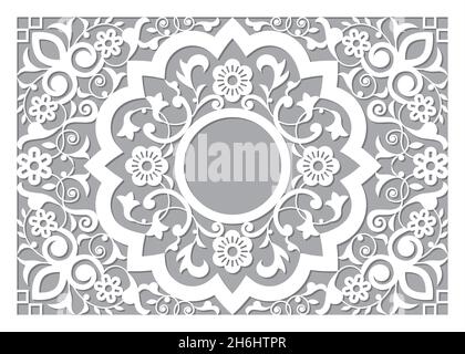 Moroccan retro carved mandala in rectangle frame template design with empty space in the middle, vector detailed arabic pattern - 5x7 format Stock Vector
