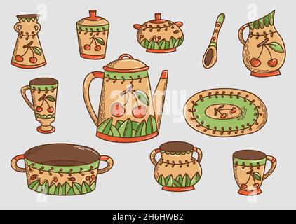 Ceramic kitchenware hand drawn vector doodle set Stock Vector