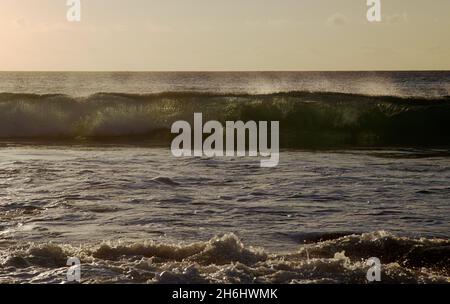 Fuerteventura, west coast, powerful ocean waves at sunset time, partially translucent Stock Photo