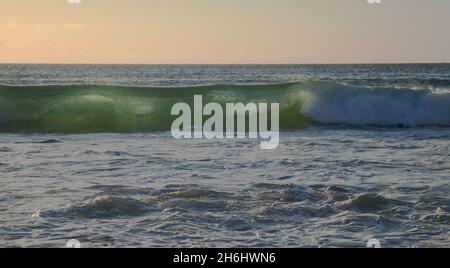 Fuerteventura, west coast, powerful ocean waves at sunset time, partially translucent Stock Photo