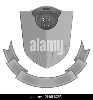 Logo with shield and camera for visual security, security camera inside a shield Stock Vector
