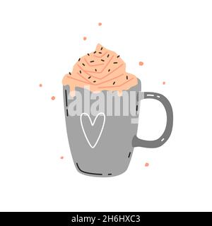 Hot winter drink with pink whipped cream in a grey mug Stock Vector