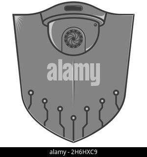 Logo with shield and camera for visual security, security camera inside a shield Stock Vector